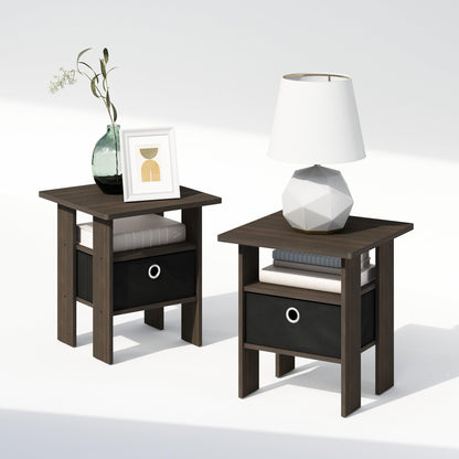 Furinno TIDUR Set of 2, Bedside Table with Storage Bin, Dark Brown