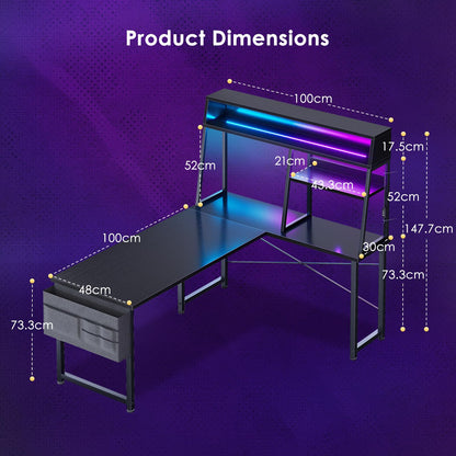 Coleshome L Shaped Gaming Desk with Led Lights, 130×100 cm, Black