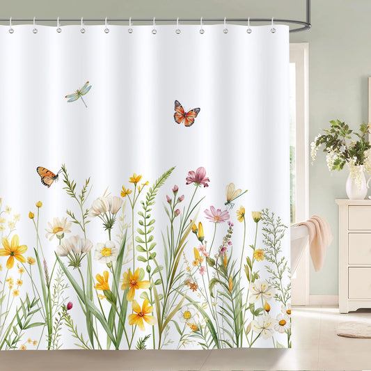Bonhause Spring Floral Shower Curtain Yellow White Wildflowers Plant Butterfly Bathroom Curtain 180 x 180 cm Waterproof Mildew & Mould Resistant