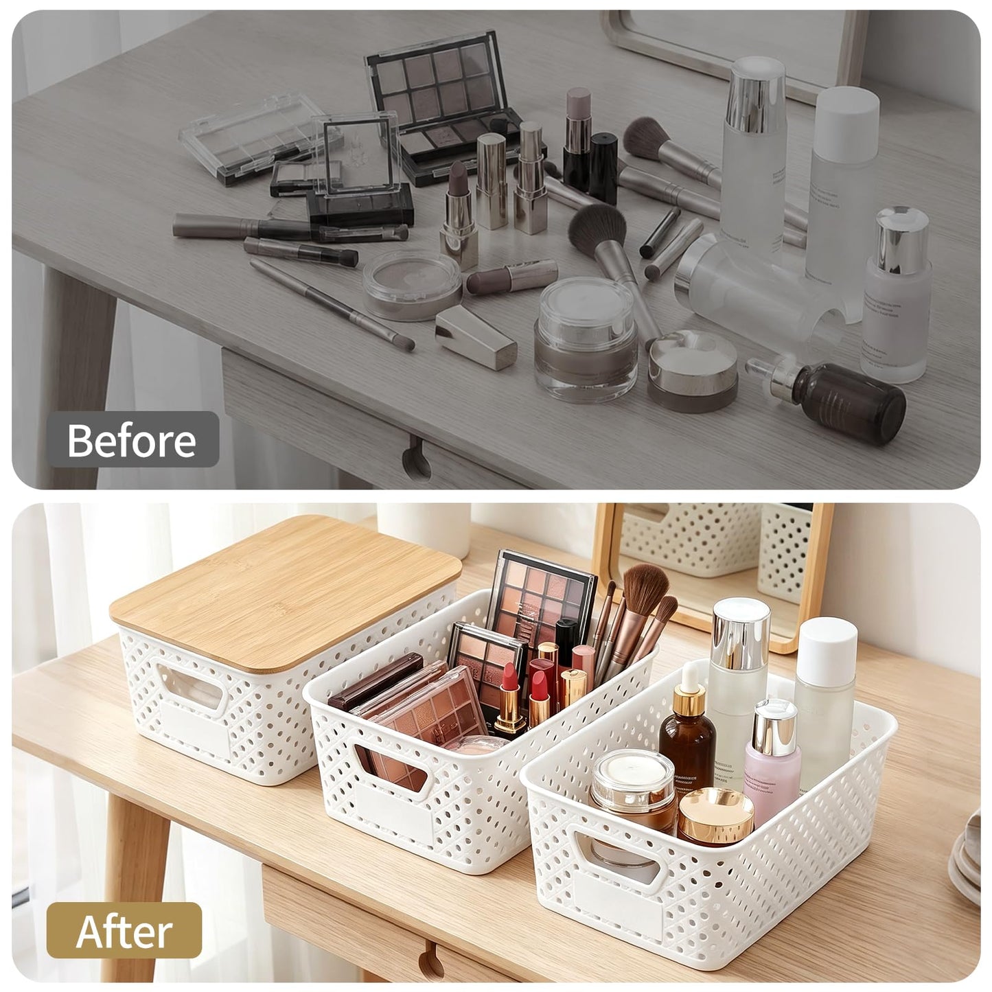 Yekolau 6 Pack Storage Bins for Shelves, Plastic Storage Containers with Bamboo Lids for Organizing, Stackable Storage Boxes with Handle