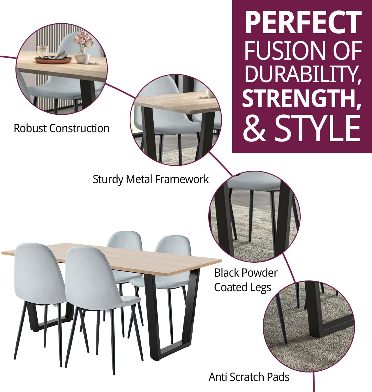 Hallowood Furniture Dudley Modern Dining Table and Chairs Set 4, 180x80cm