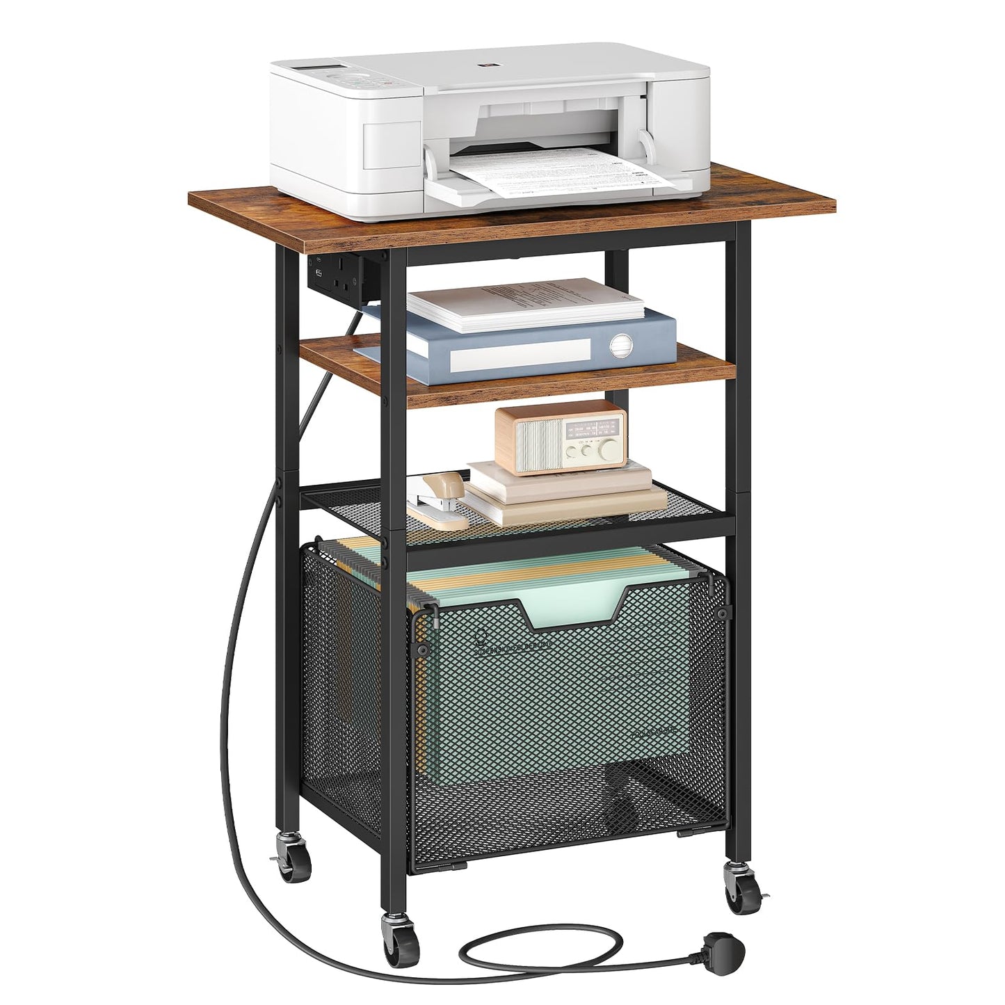 HOOBRO Printer Stand with Charging Station, Rolling Printer Table with File Drawer, 4-Tier Mobile Printer Cart with AC Outlet, Type-C & USB-A Ports