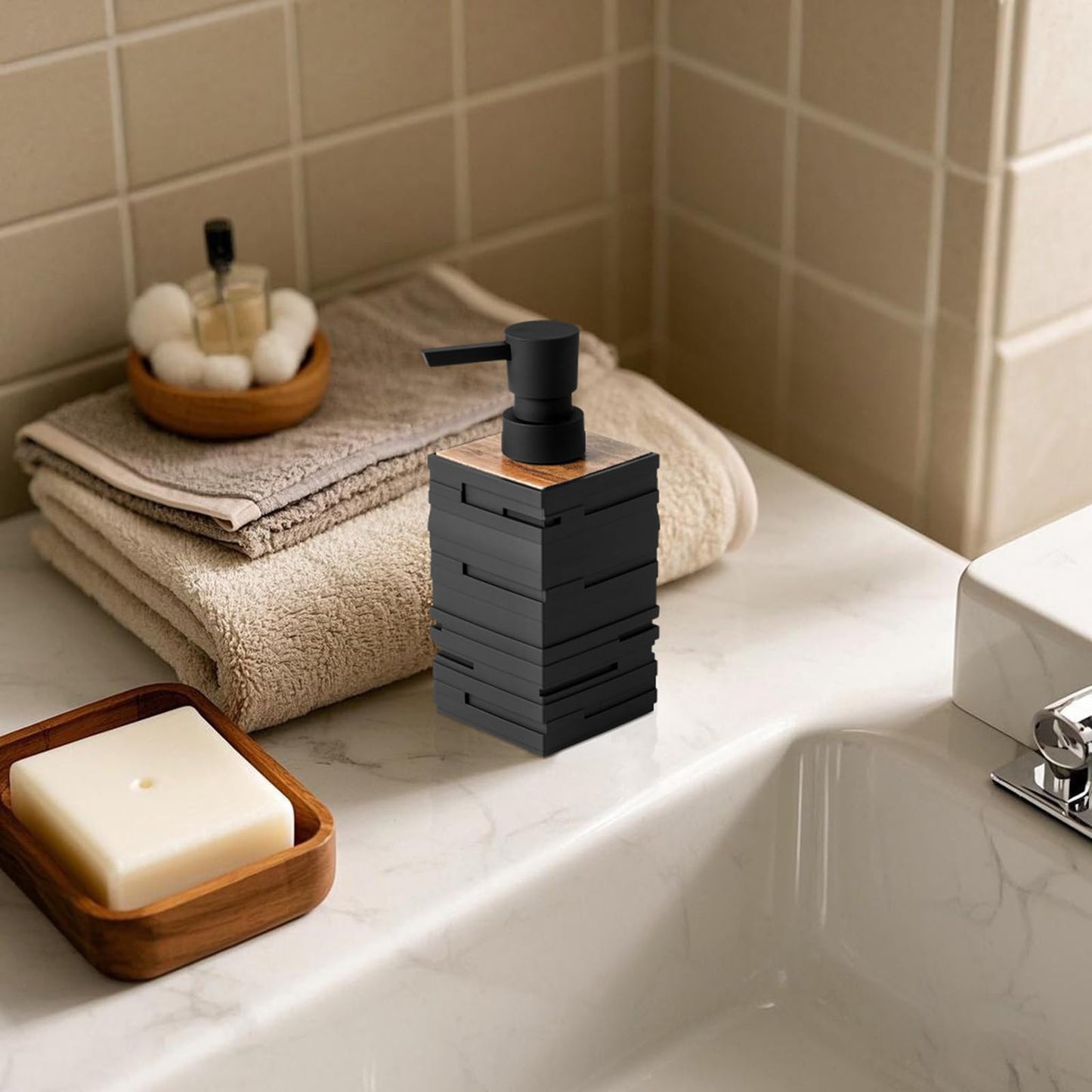 Wooden Soap Dispenser Black with Teak Wood Décor Hand Wash Dispenser