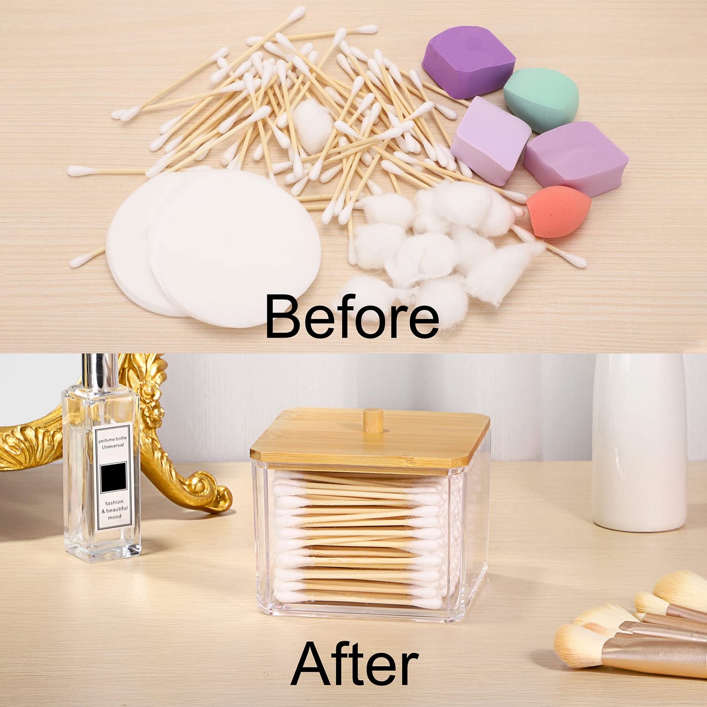 SUMTree Square Qtip Cotton Ball Holder Qtip Dispenser with Bamboo Lid