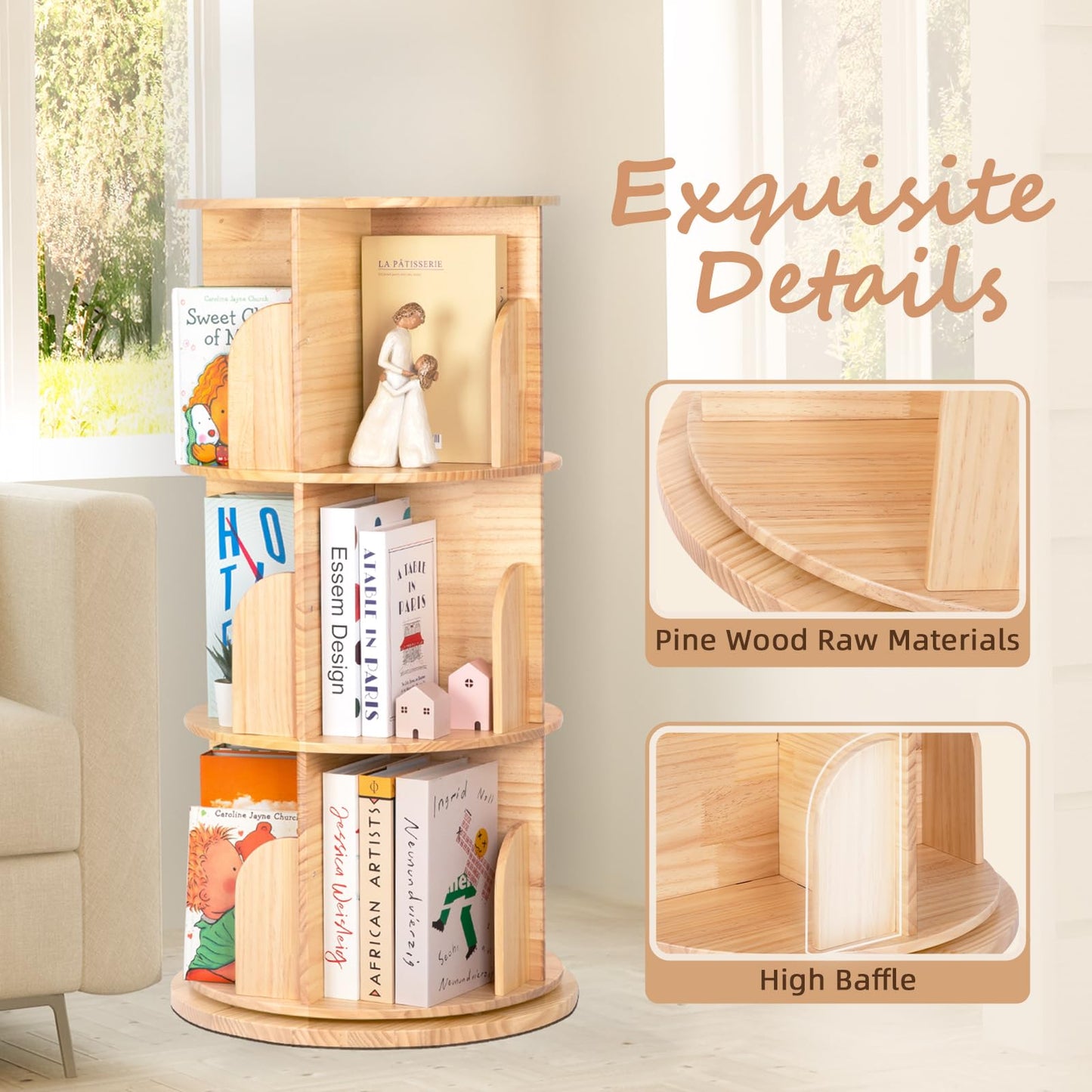 OOOK Solid Wood Rotating Bookshelf, 360 Degree 3 Tier Children's Revolving Bookcase, Kids Bookshelf for Small Space, Kids Room, Study, Nursery