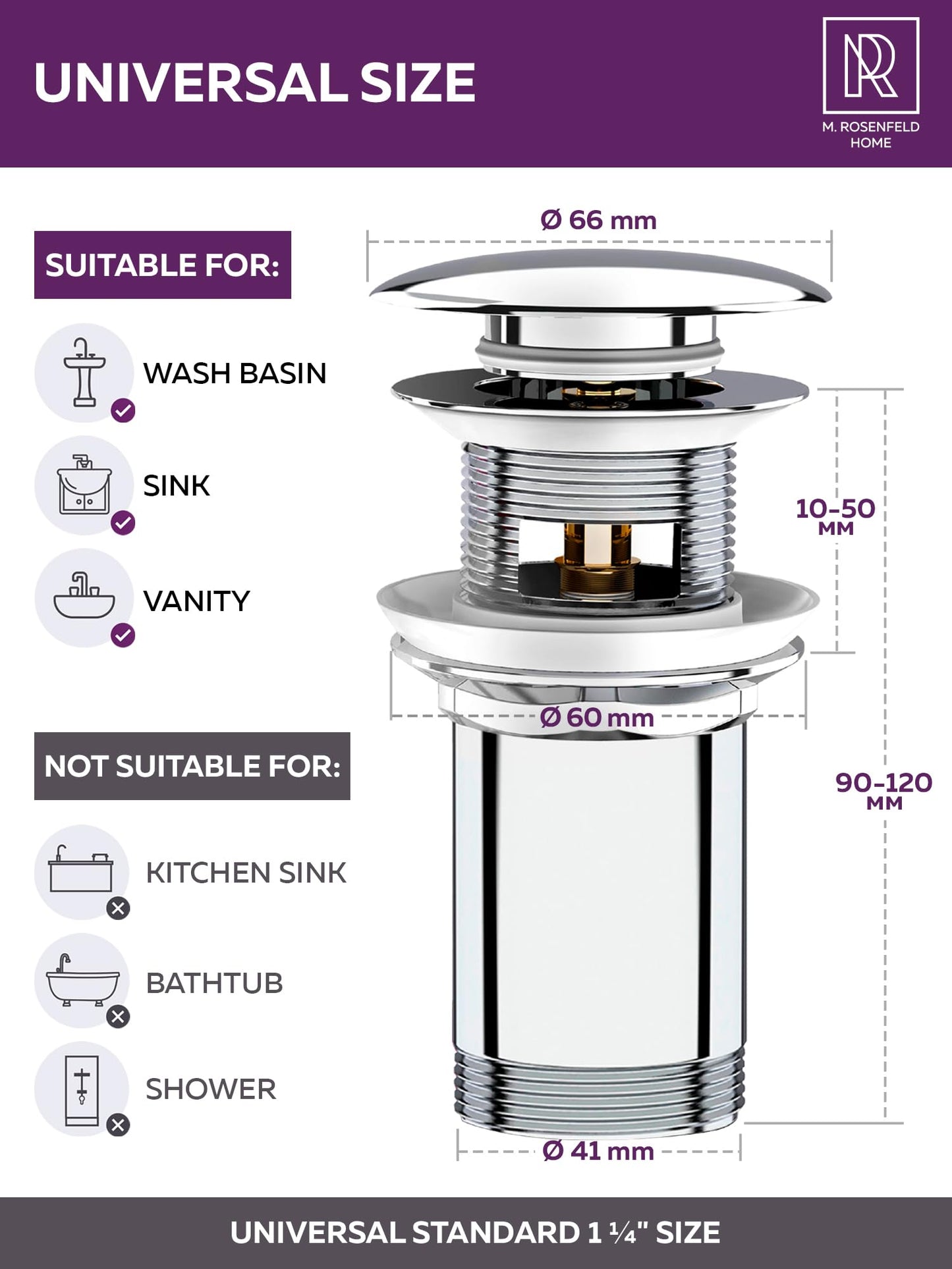 M. ROSENFELD HOME Click Clack Basin Waste - Pop Up Waste for Bathroom Sink Waste Kit with Overflow - Chrome