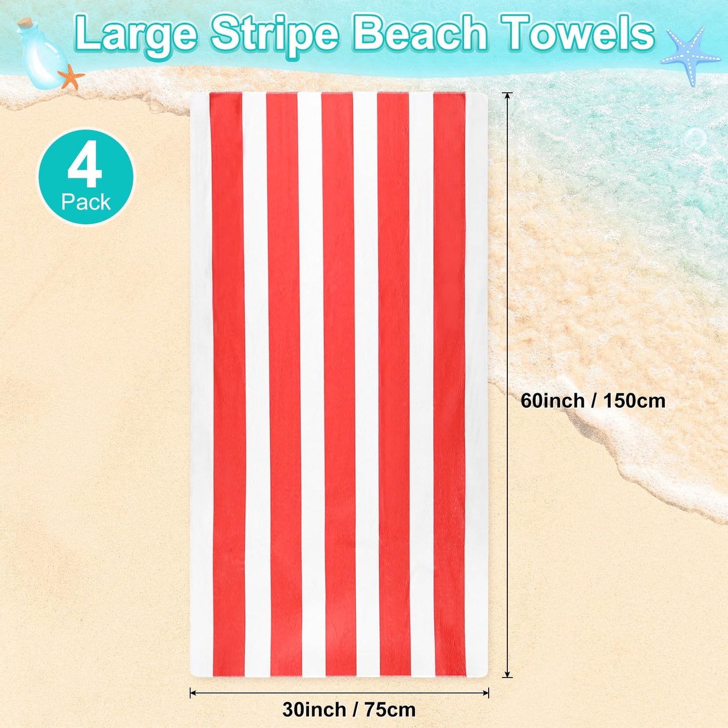 M METERXITY 4-Pack Large Stripe Beach Towels 30x60in Light Red