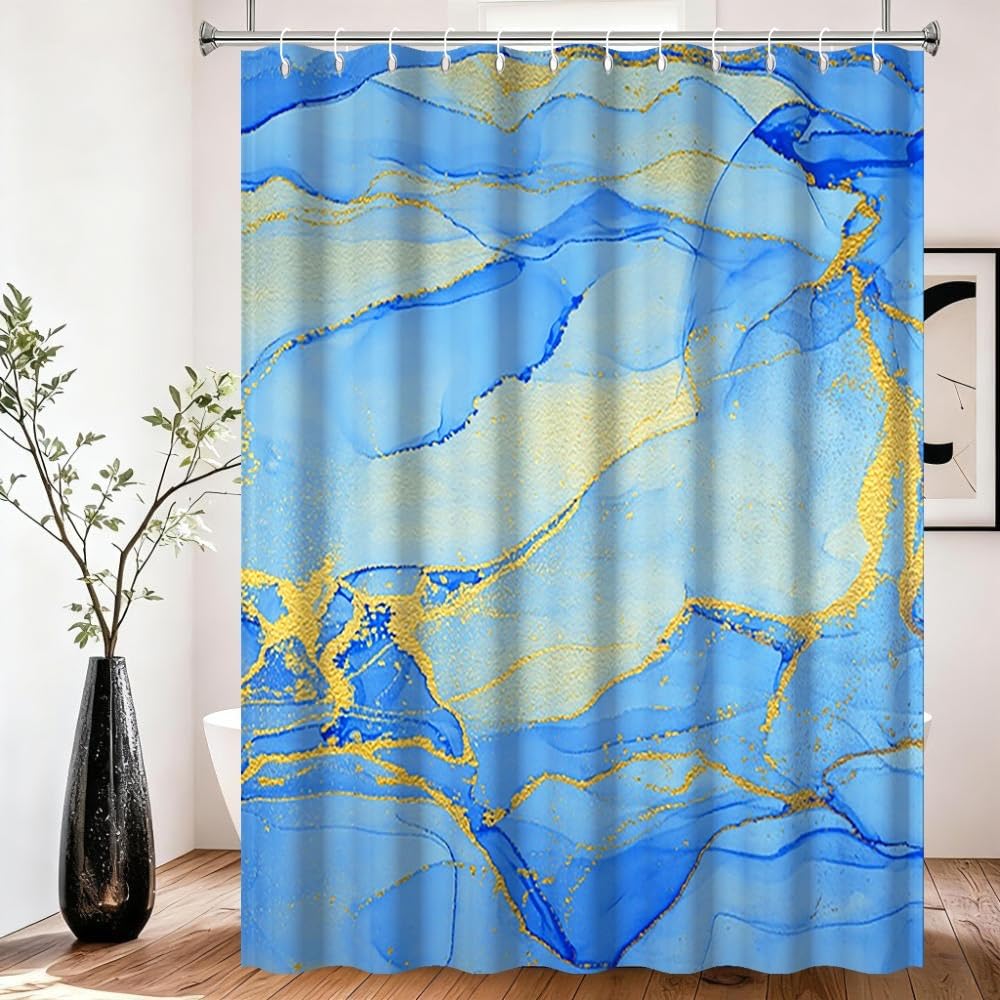 Xiaoterna 105x160cm Marble Shower Curtain Watercolor Navy Blue Gold Lines Waterproof Polyester Bathroom Curtain Luxury Modern Aesthetic Artistic