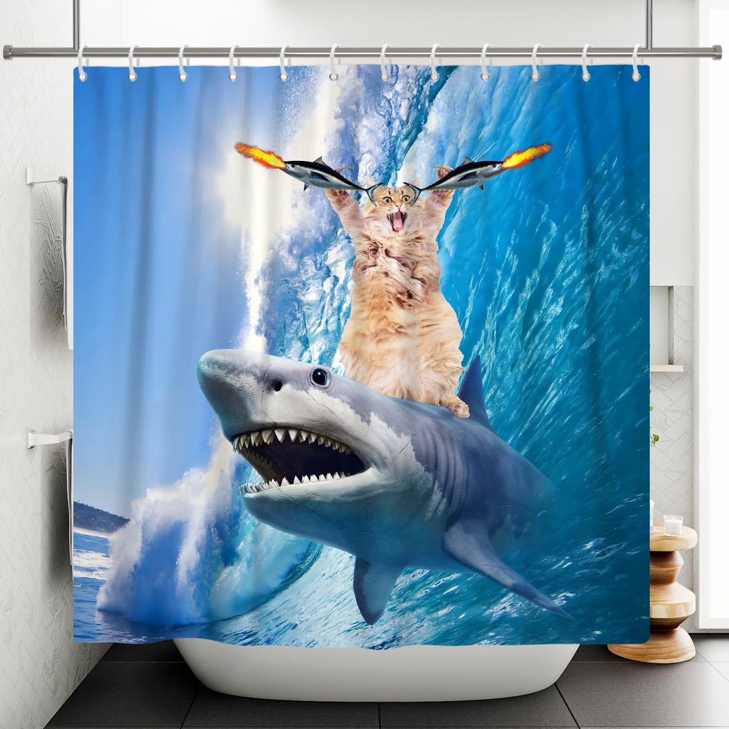 SDOTPMT 180x180cm Funny Cute Cat Shark Shower Curtain Blue Ocean Wave Bathtub Curtian Summer Cartoon Painting Bath Curtain for Kids Bathroom Decor