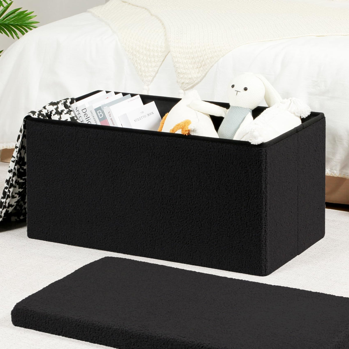 Bonlife Ottoman Bench,Large Toy Storage Box with Lid,Folding Footstool with Storage for Living Room,Hallway,Boucle Fabric,Black,80x40x40cm