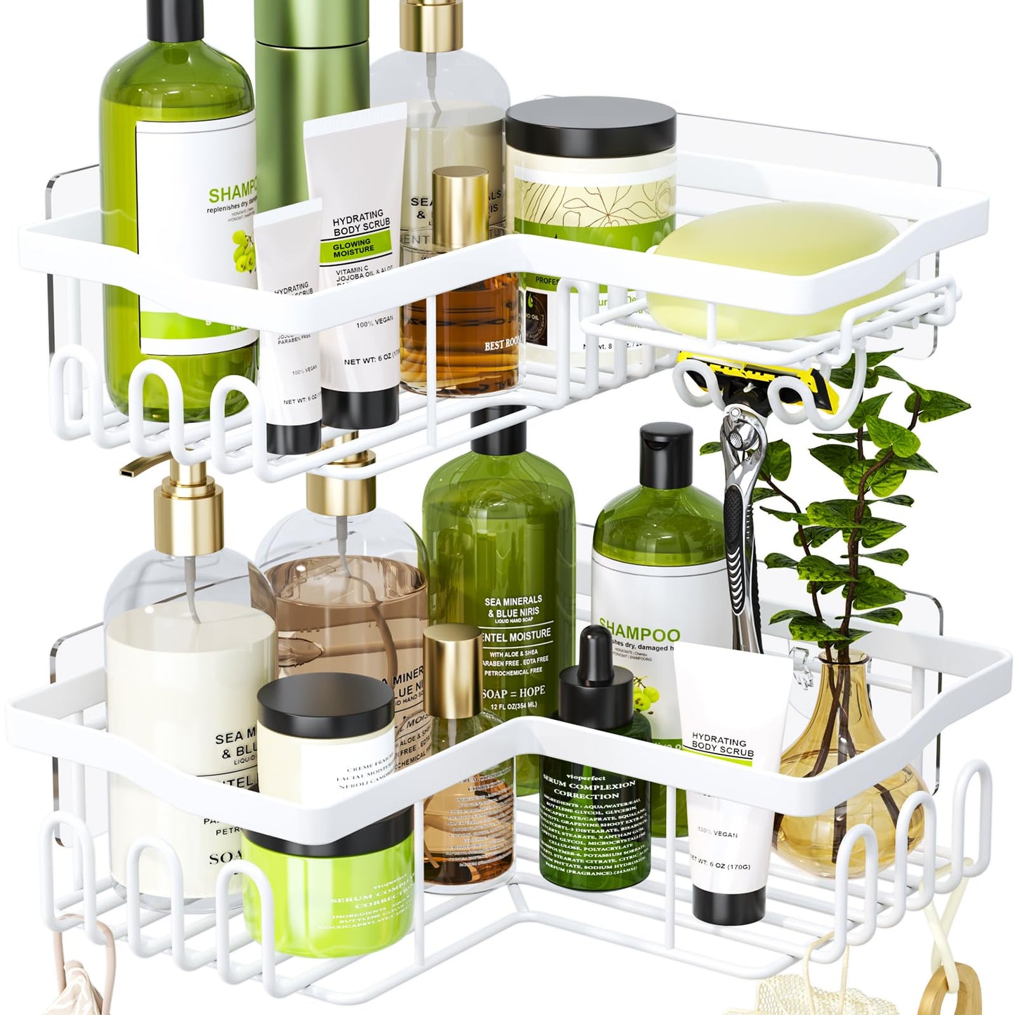 HapiRm Corner Shower Caddy - Corner Shower Shelf No Drilling, White Bathroom Organizer with Soap and Razor Holder, Bathroom Shelves Wall Mounted for