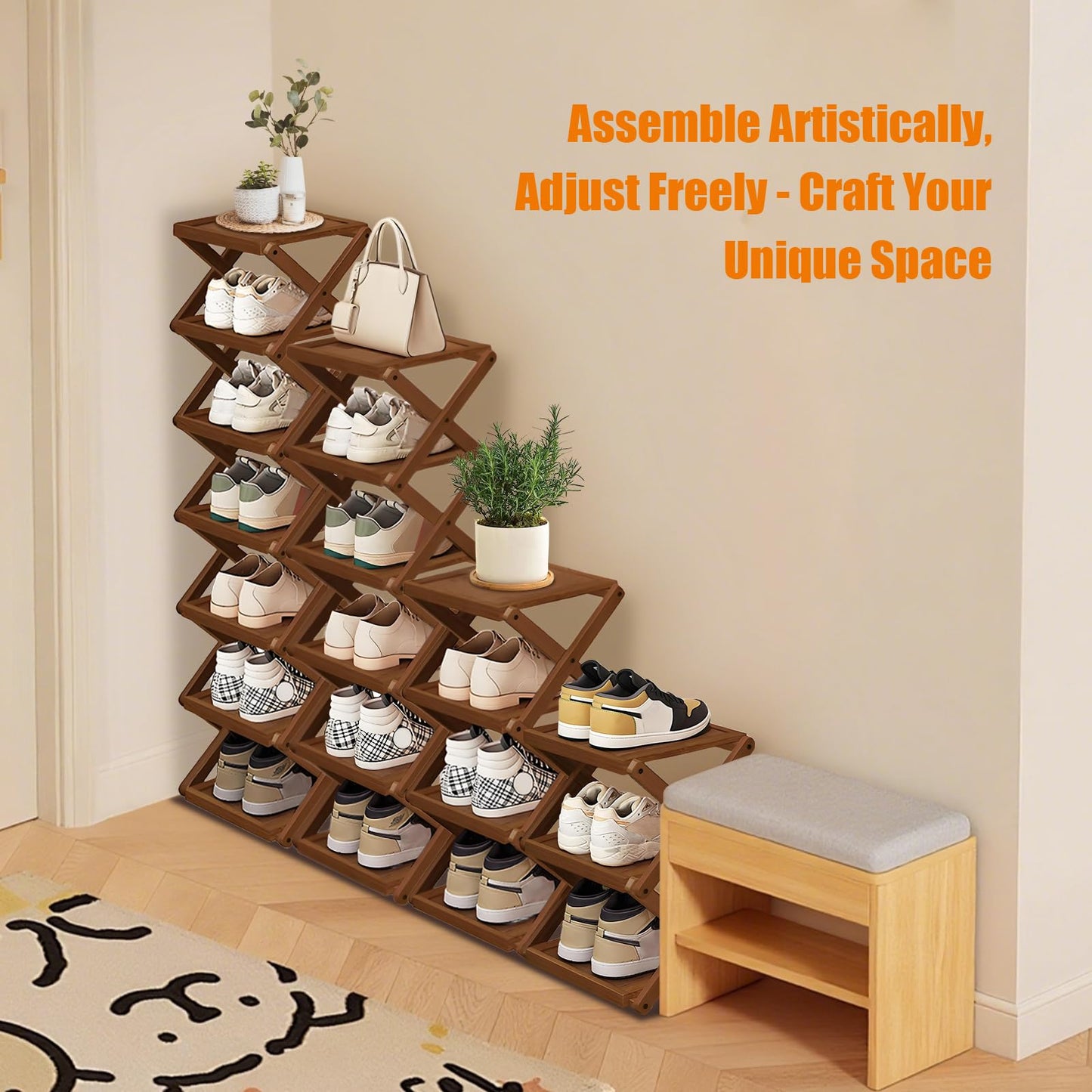 YYW Shoe Rack, Foldable Bamboo Shoes Shelf, Freestanding Shoe Storage Organiser for Entryway, Bedroom, Closet, Hallway - Natural