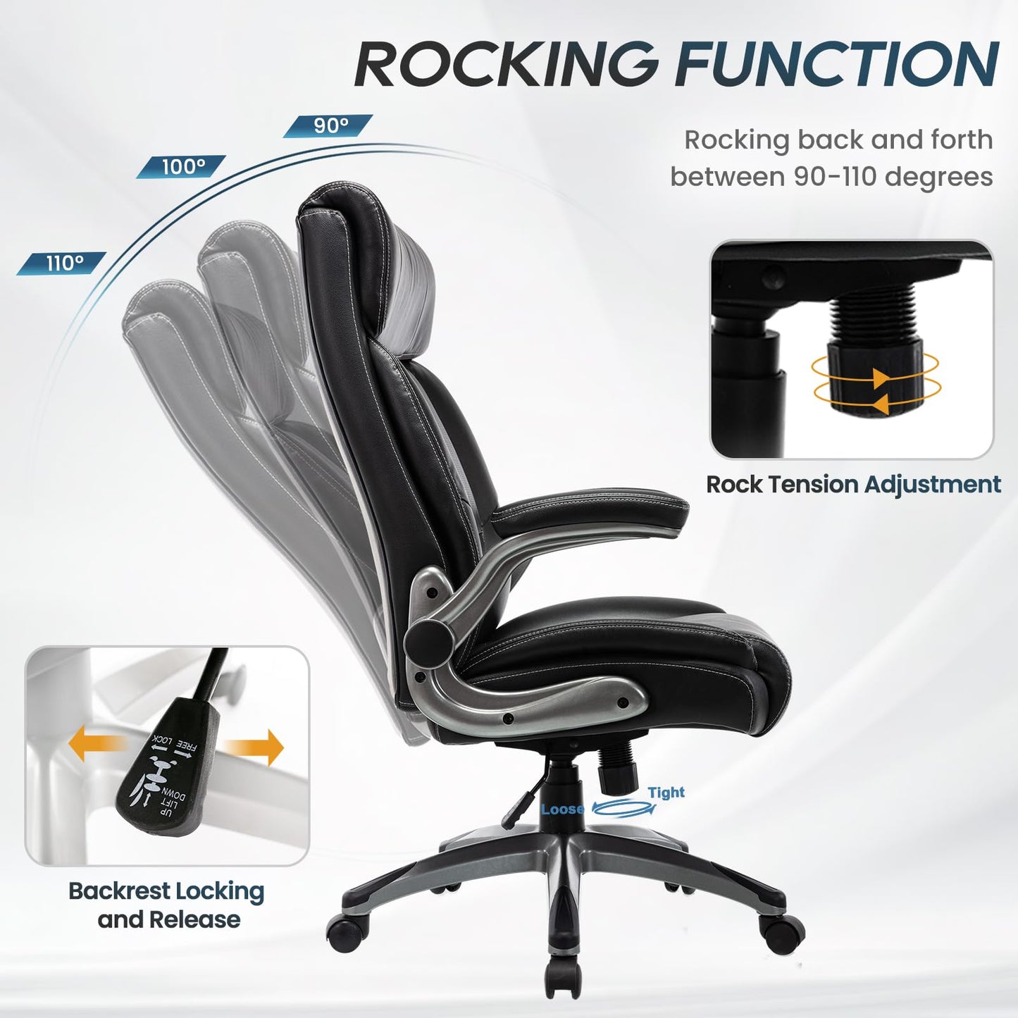 Ergonomic Executive Office Chair with Adjustable Lumbar Support, Flip-up Armrests, Double Padded Seat & Tilt Function