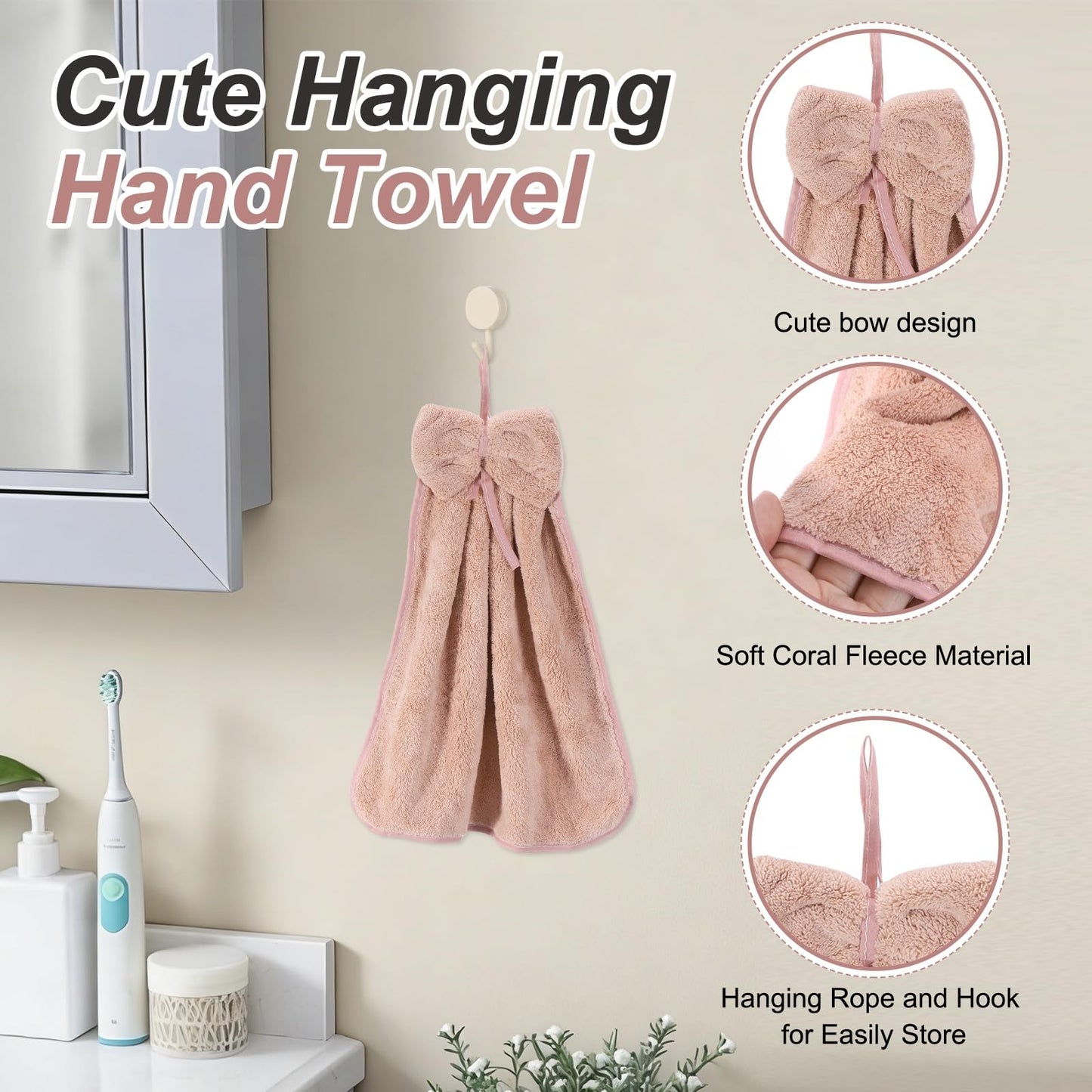 sourcing map 2Pcs Bow Hand Towels with Hanging Loop, 14.2" x 12.2" Soft Coral Fleece Microfiber Bowknot Hanging Hand Dry Towels Quick Dry and