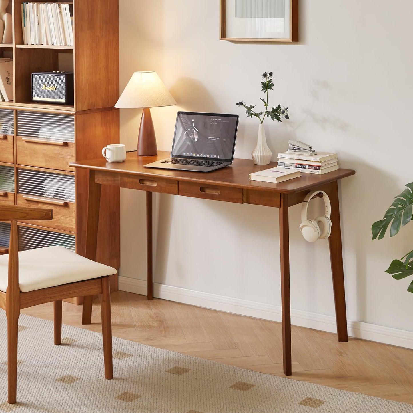 Aibiju Solid Wood Desk with Drawers, 47 Inch Computer Desk for Modern Minimalist Style, Gaming Study Home Office Desk for Work