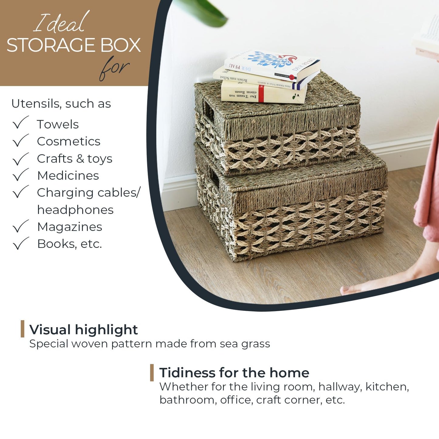 HMF Set of 3 Storage Baskets with Lid, Seagrass and Palm Leaf Wicker Baskets | Small, Medium, Large