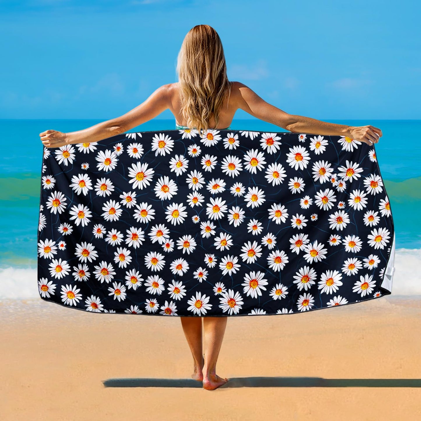 Violetpos Daisy Print Beach Towel, Extra Large 180x90 cm 250GSM Microfibre, Sand Free Quick Dry