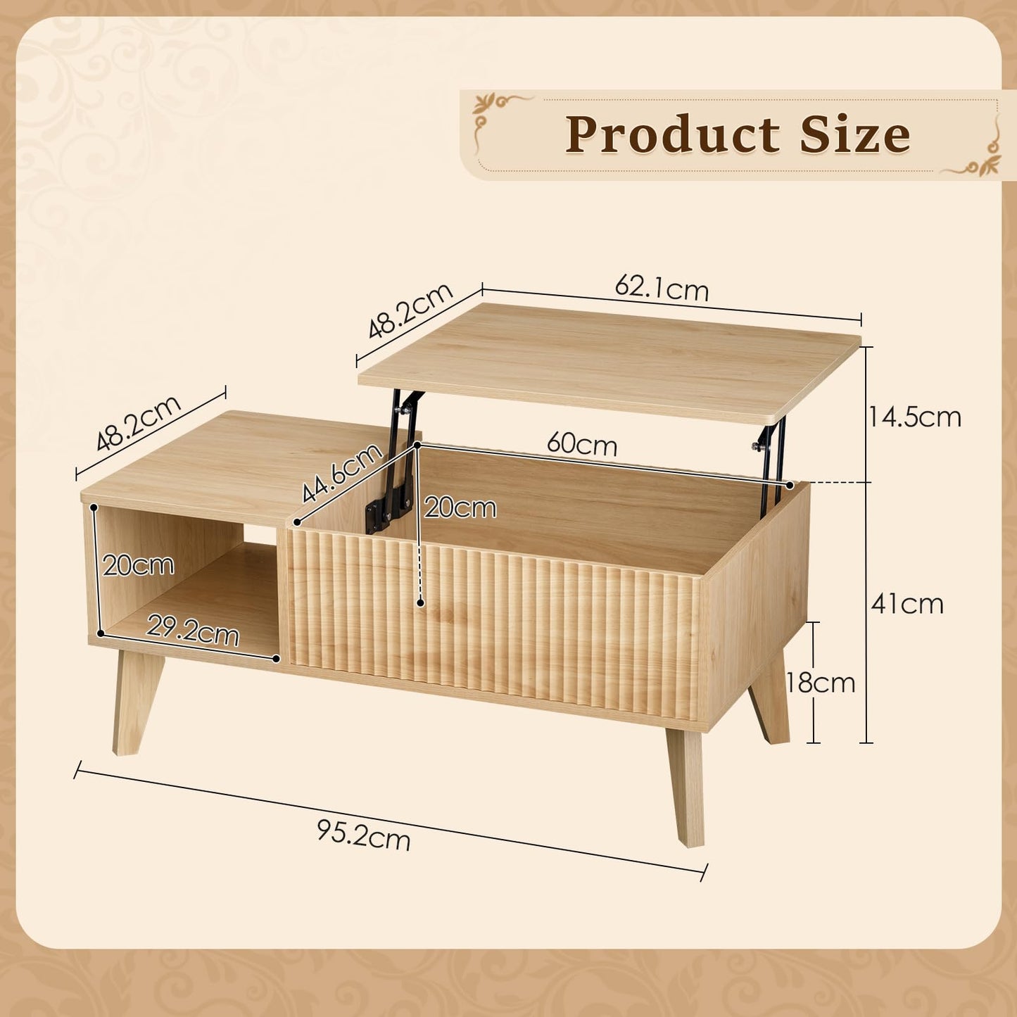 LYNCOHOME Lift Up Coffee Table, Modern Oak Coffee Tables for Living Room, Square Coffee Table with Hidden Storage,Extendable Tabel,Wooden,Home