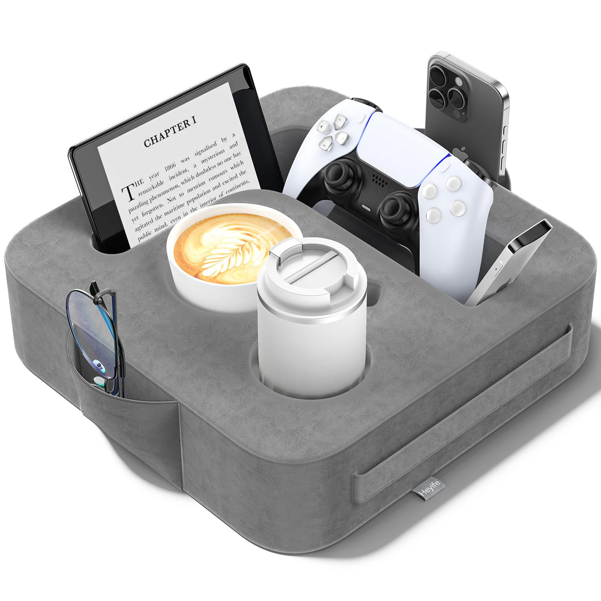 Heyife Couch Cup Holder Pillow with L-Shaped Tablet Slot, Sofa Cup Holder Tray for iPad, Kindle, Switch, Phone & Drink Holder
