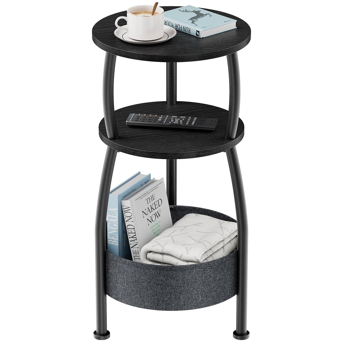 Yuede Round Side Table, 3 Tier Bedside Table, Small End Table with Fabric Basket, Coffee Table for Living Room, Bed Room, Small Space, Easy Assembly