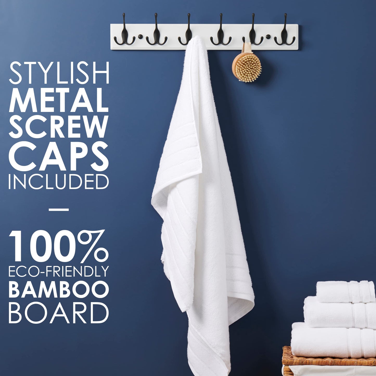 LARHN White Wall-Mounted Coat Rack - 6 Black Coat Hooks, 59cm