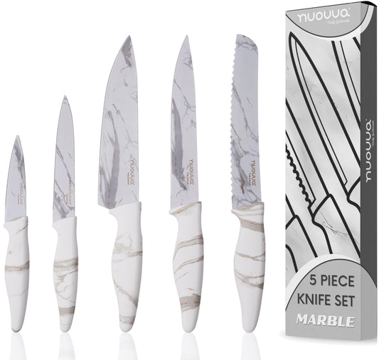nuovva Professional Kitchen Knife Set ? 5pcs Calacatta Kitchen Knives ? Stainless Steel Granite Non Stick Blades ? Chefs, Filleting, Bread, Paring and