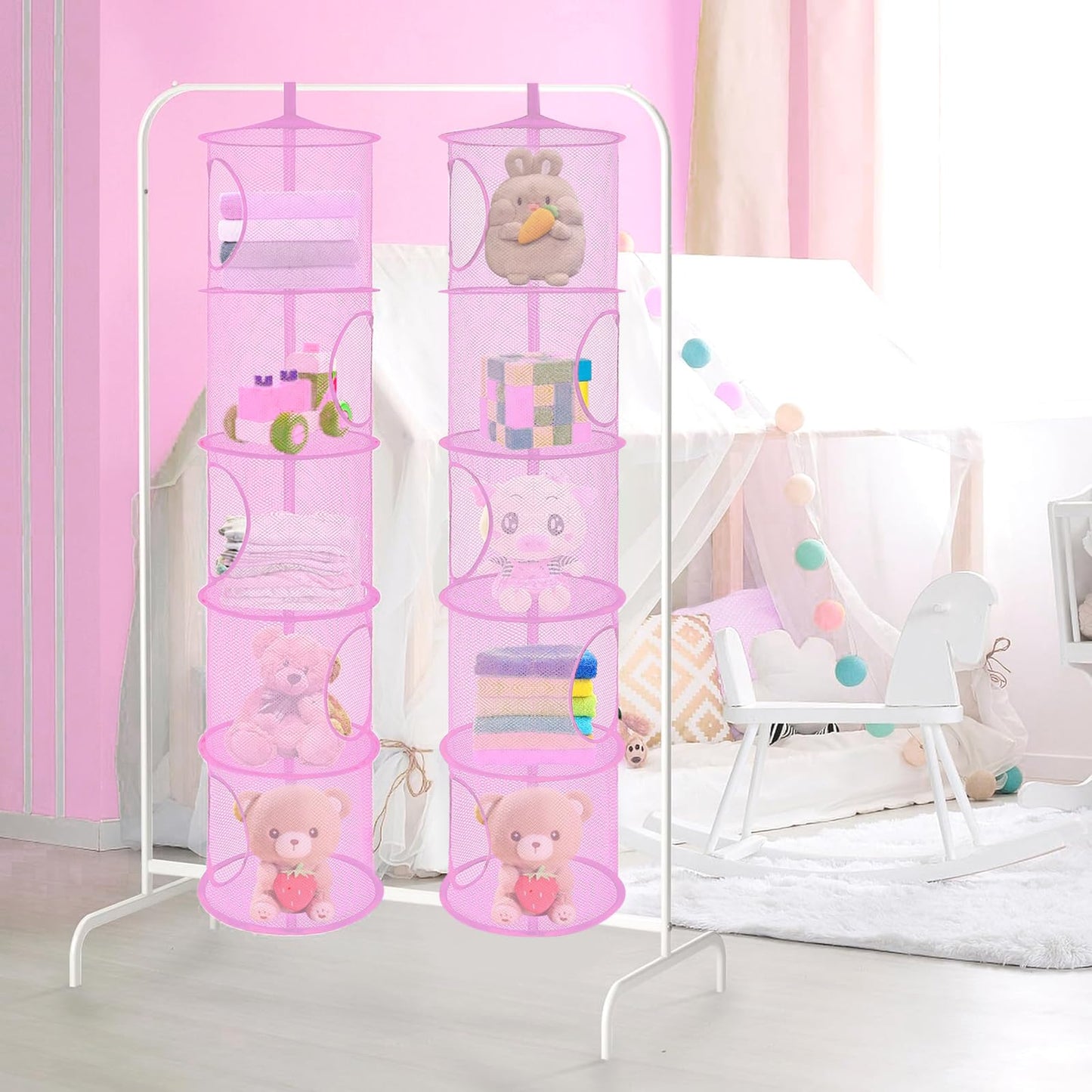 ZYETGH 5 Tier Hanging Mesh Storage Basket, 2 PCS Hanging Teddy Storage Net Foldable Soft Toy Storage Hanging Mesh Basket for Cuddly Toys Clothes