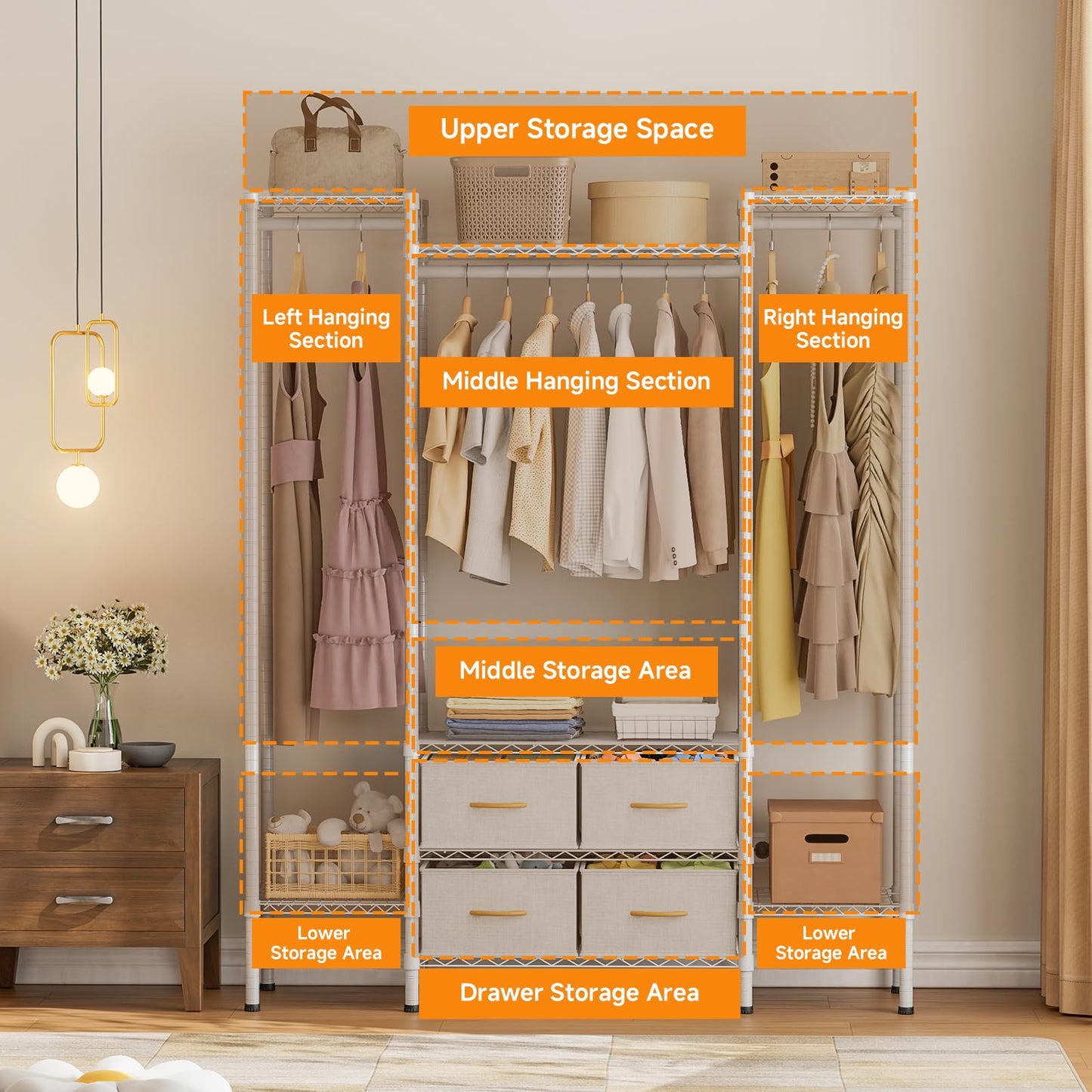 Himimi Heavy Duty Clothes Rail with 4 Fabric Drawers, 8 Adjustable Storage Shelves & 3 Hanging Rods, Freestanding Strong Garment Rack