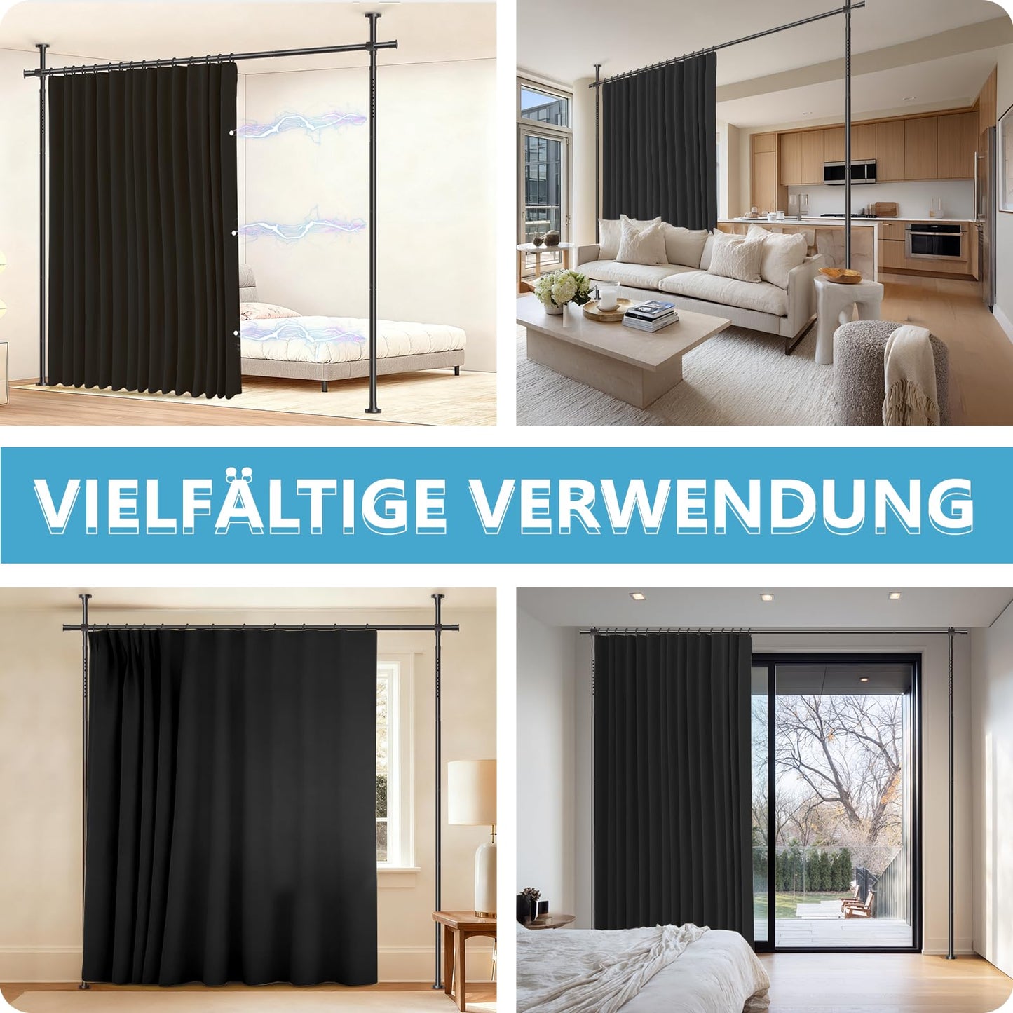 JILRON ROOM DIVIDER CURTAIN COMPLETE SET (1 BLACK CURTAIN: H 213cm x W 270cm POLE: H109-305cm x W89-254cm) Ideal for Rental Homes