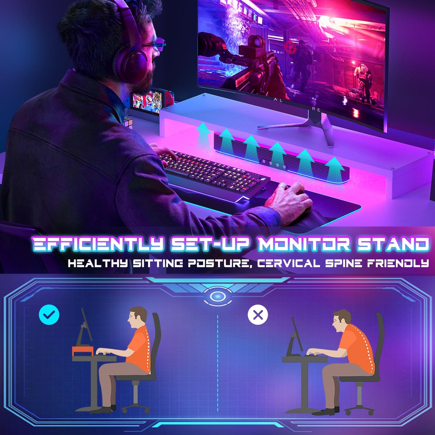 iSunirm Gaming Desk with LED Lights & Power Outlet, Reversible Computer Desk with Moveable Monitor Stand