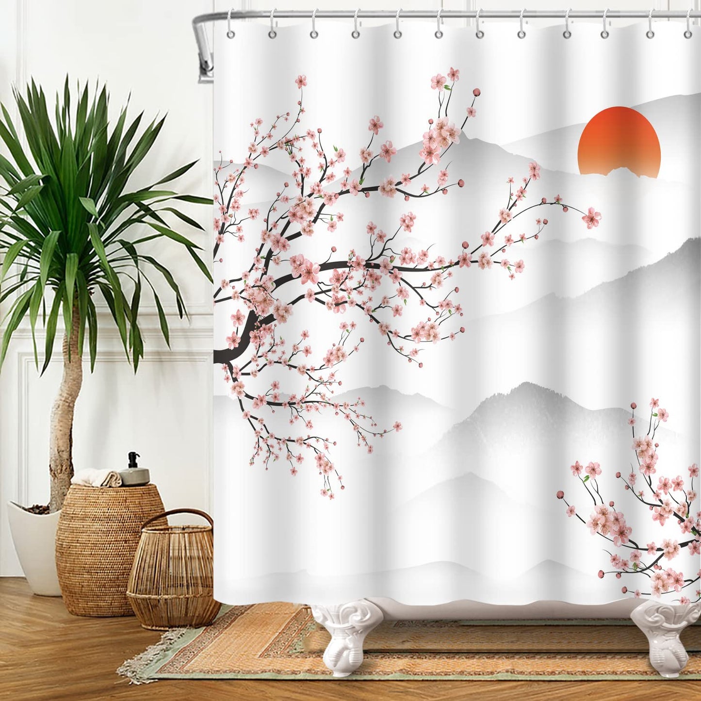 SDOTPMT 165x180cm Asian Cherry Blossom Shower Curtain Japanese Mount Fuji Peach Blossom Branch Bathtub Curtain Sunrise Mist Bathroom curtain for