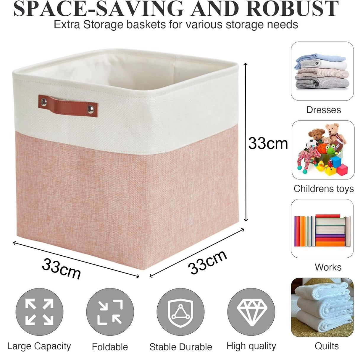 Mangata Collapsible Storage Cube Boxes, 33CM Cube Linen Woven Fabric Storage Baskets with Leather Handles 3PCSPink and White