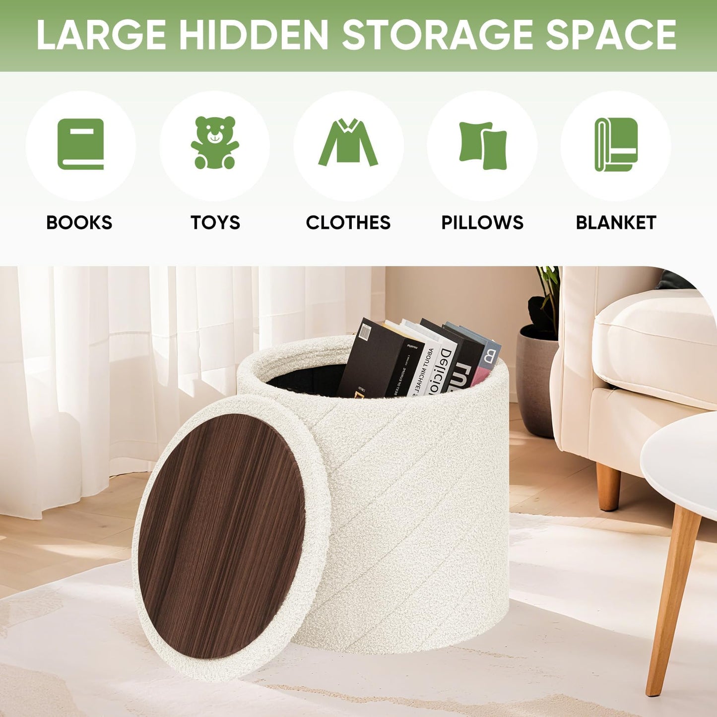 Bonlife Round Ottoman Stool with Storage, Folding Footstool with Lid,Boucle Vanity Stool for Living Room,Bedroom,Entryway,Cream,43x43x45cm