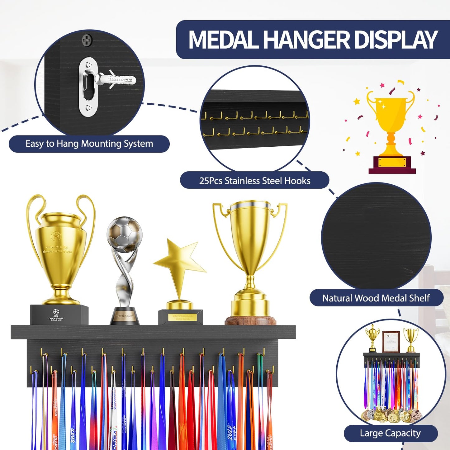DSVENROLY Medal Holder Trophy Shelf Organizer, 25 Golden Hooks, Retro Grey