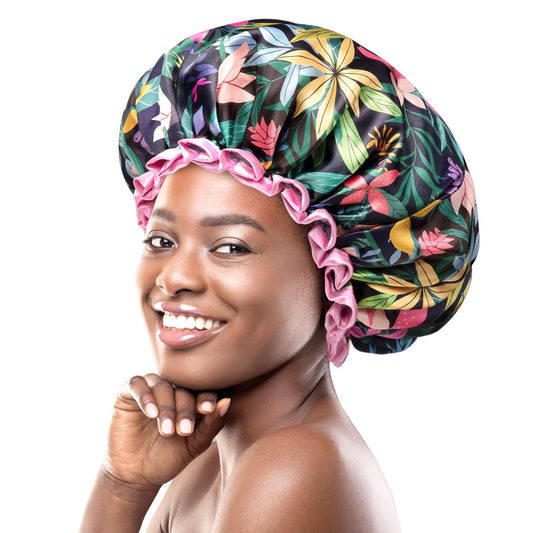 mikimini Large Shower Cap for Women and Girls, Vibrant Rainforest Print Bath Cap with Pink Ruffle, Reusable Waterproof Double-Layered for Long Thick