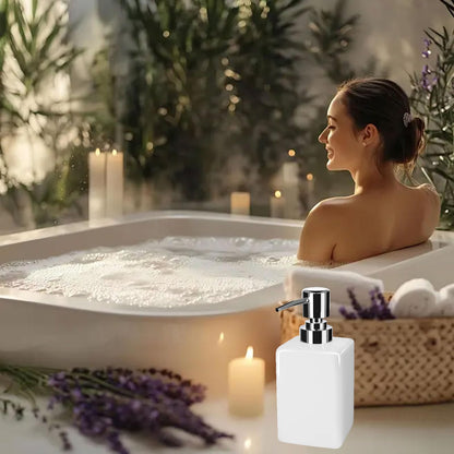 White Ceramic Soap Dispenser, 300ml Square Bathroom Soap Dispenser, Refillable Kitchen Bathroom Liquid Soap Dispenser for Hand Wash