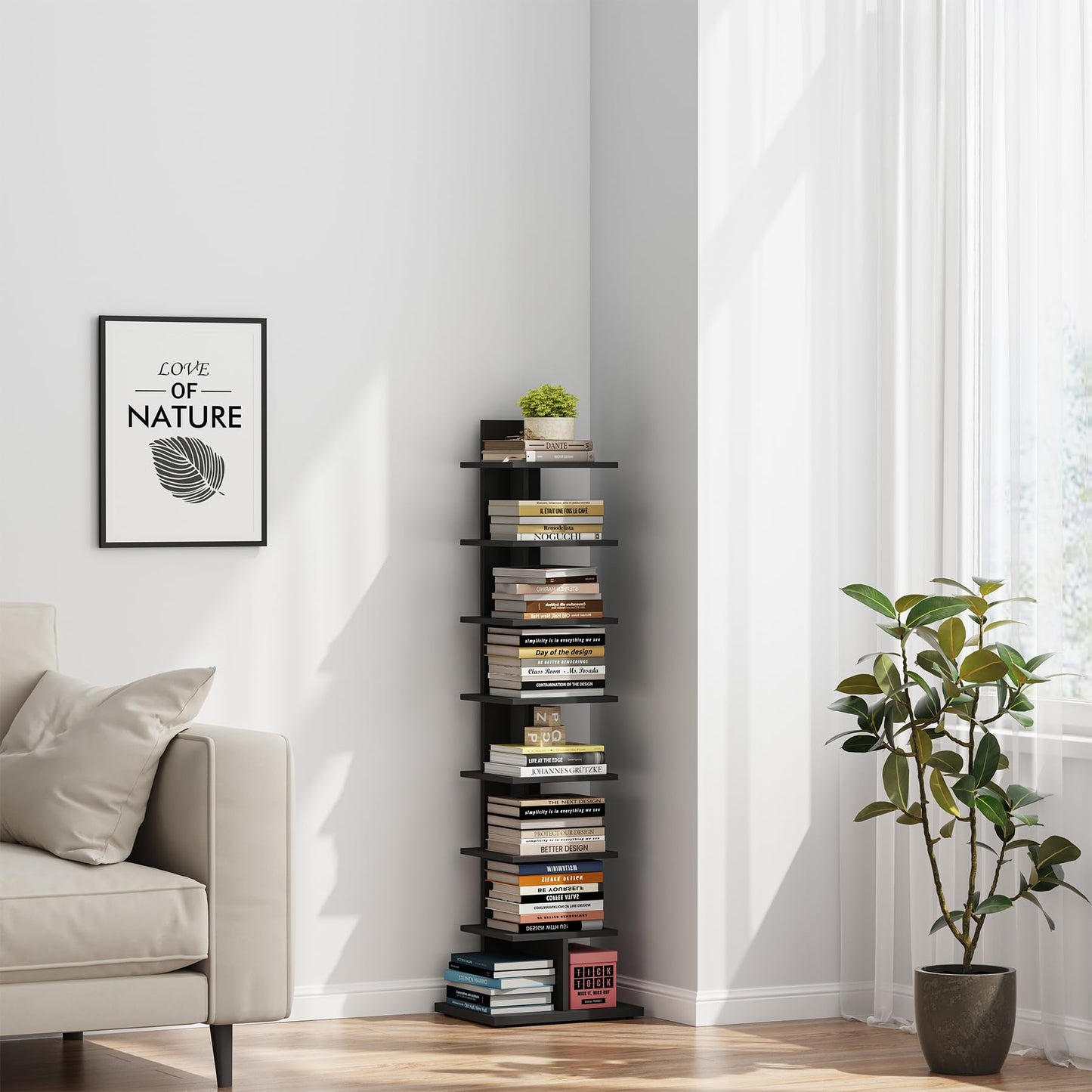 TUTOTAK Vertical Bookshelf, 8-Tier Bookcase, Narrow Spine Book Shelf for Small Space, Corner Standing Shelf for Living Room, Office, Study, Entryway