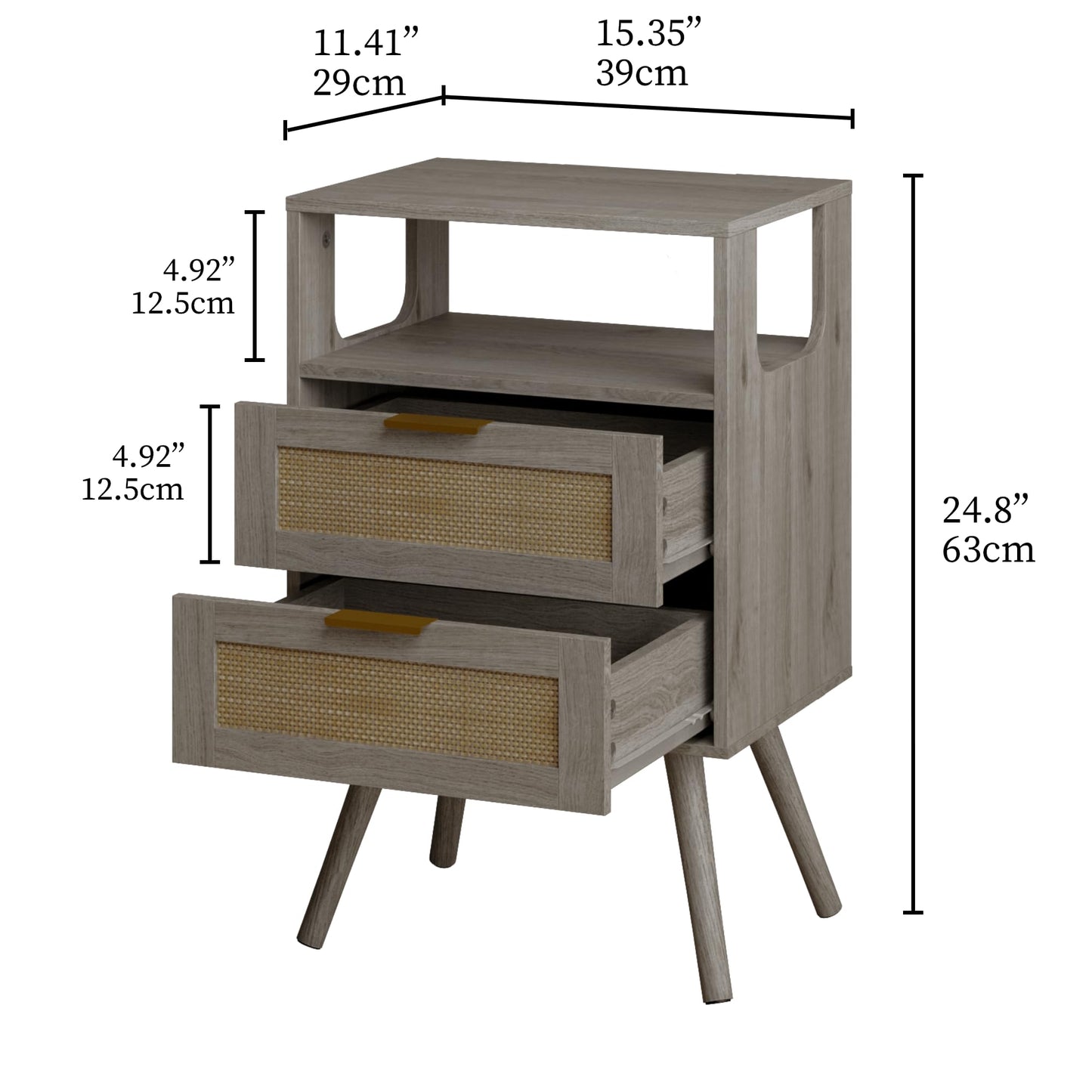 JERX Rattan Bedside Table, Farmhouse Nightstand with 2 Storage Drawer and Open Wood Shelf, for Bedroom and Small Spaces