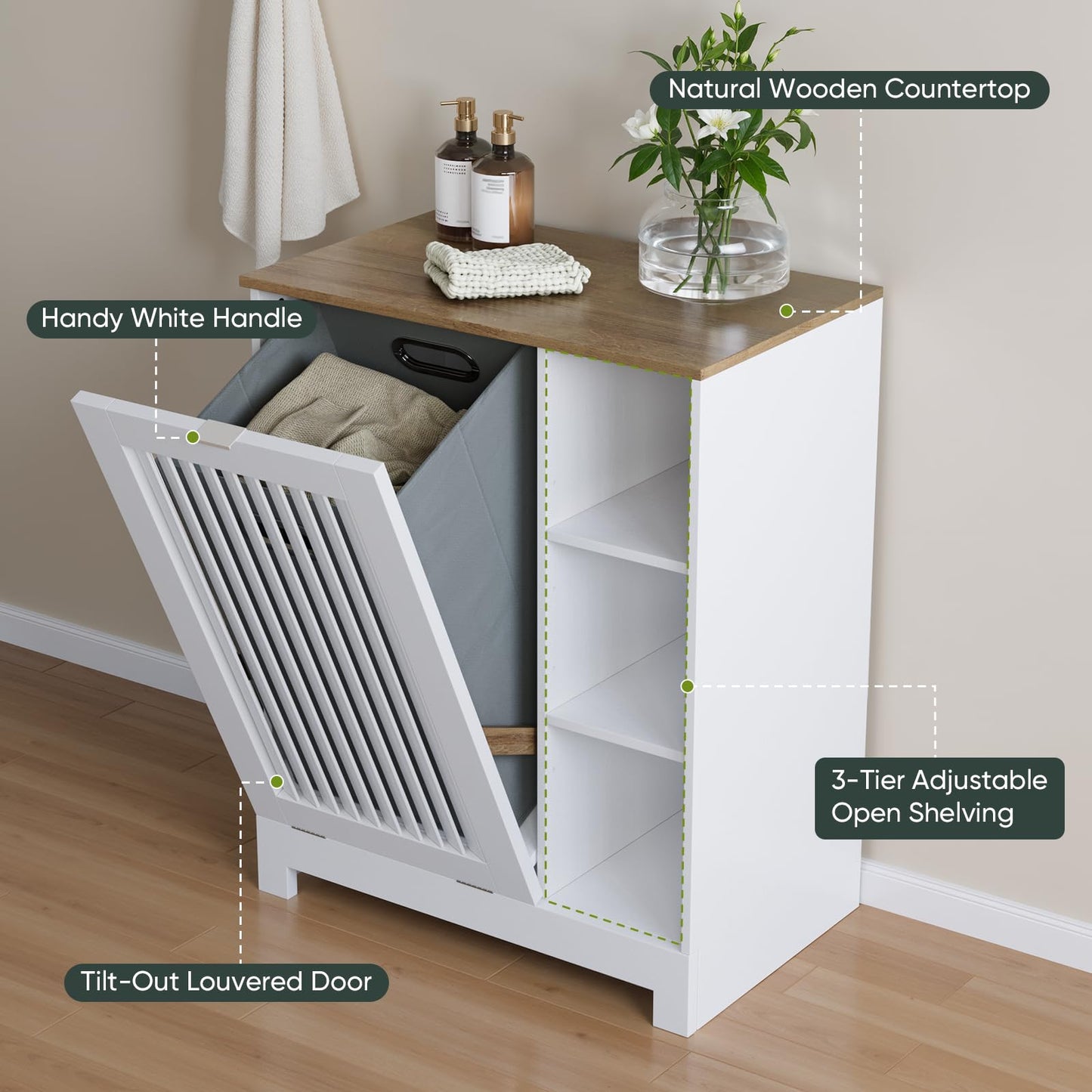 Smart FENDEE Tilt Out Laundry Hamper Cabinet with Louvered Door and Side Shelf, Bathroom Storage Cabinet with Removable Clothes Bin, 60 x 37 x 75 cm