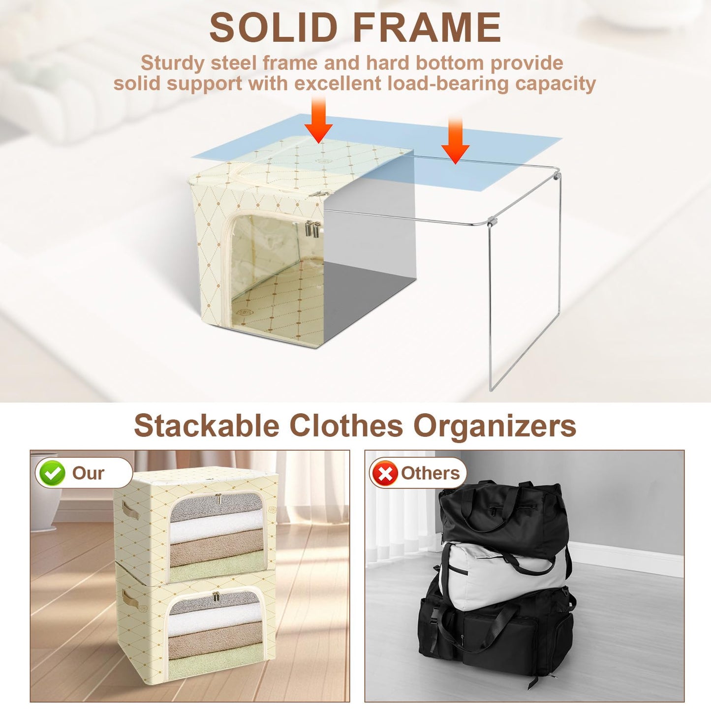 Cozary 66L Storage Box with Lid, Storage Bag for Duvets with Zips, Metal Frame, Sturdy Foldable Clothes Storage Box for Clothes