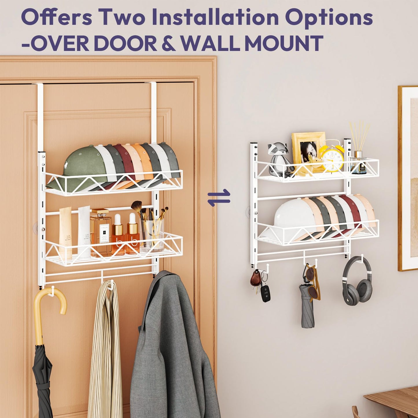 SWTYMIKI 2-Tier Over Door Wall Mount Hat Rack - Baseball Cap Organiser
