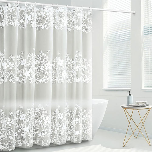 Startseite Long Shower Curtain - Flower Semi-Semi-Transarent Thin Shower Curtain Liner, PEVA Waterproof Bathroom Curtains Shower with 12 Hooks, 180 x