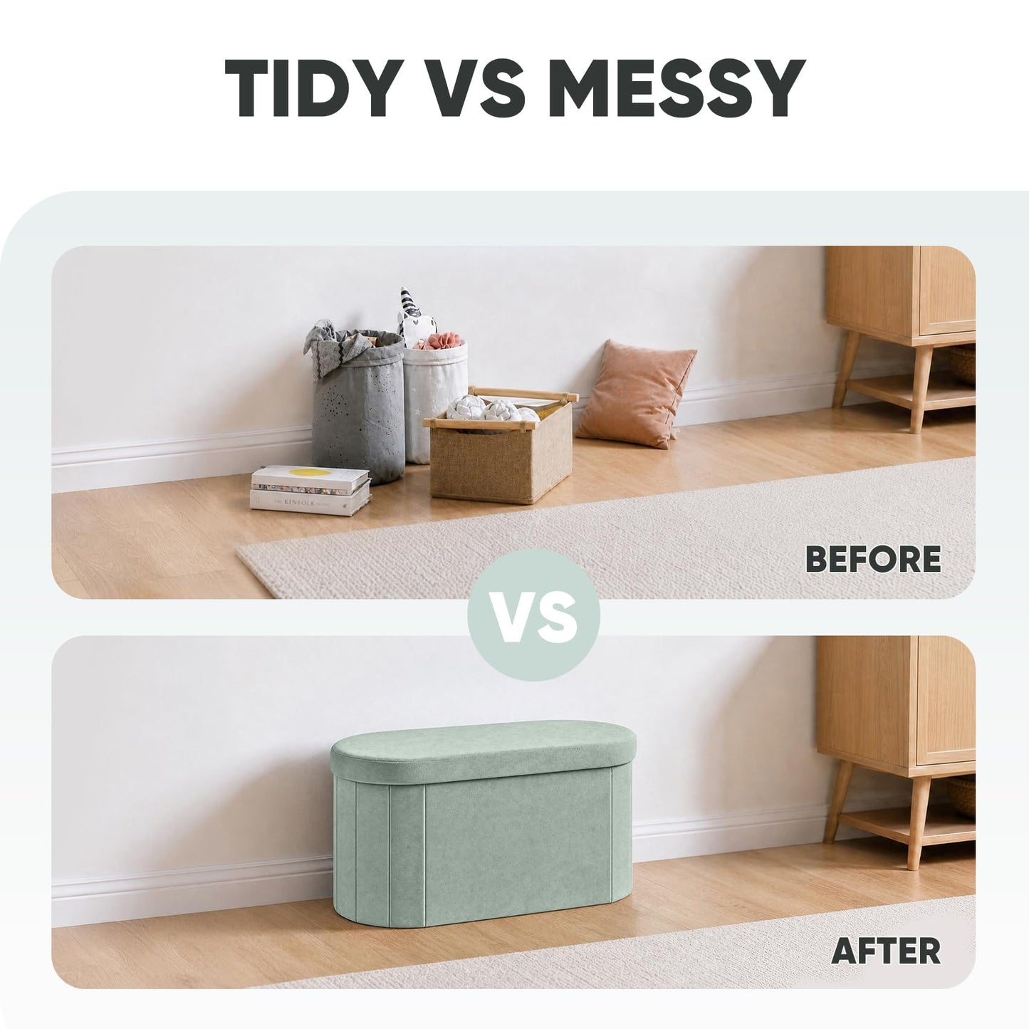 Bonlife Velvet Ottoman Storage Bench, Foldable Storage Chest with Lid,Oval Footstool for Living Room Bedroom Hallway, 76x38x38cm, Sage