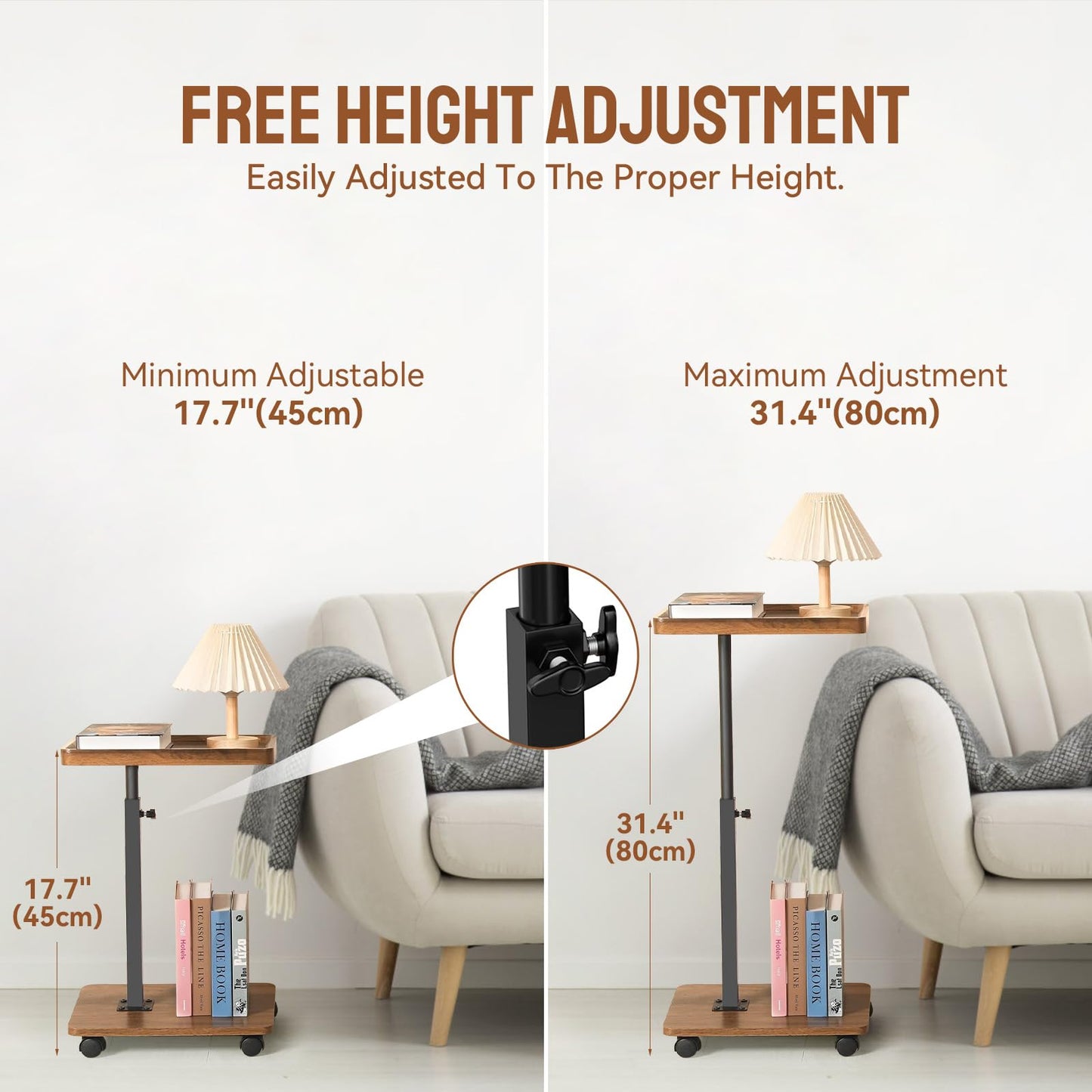 YYW Adjustable C Shaped Side Table with Wheels, 360° Swivel Sofa Table