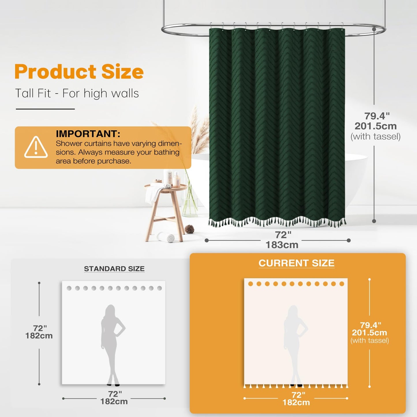BTTN Long Boho Tufted Chevron Shower Curtain, 183x201, Emerald Green