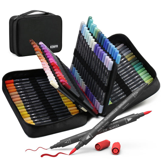 KEMYR Markers for Adult Coloring Books: 100 Color Dual Tip Fine & Brush Pens - Water-Based Coloring Marker for Adults Drawing Sketching Bullet Journal