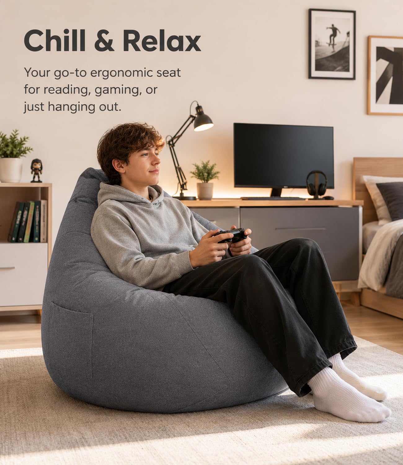 Highdi Kids Bean Bag Without Fillings - Cotton Linen Durable & Comfortable, Grey Storage Bean Bag Chair for Living Room/Gaming Room