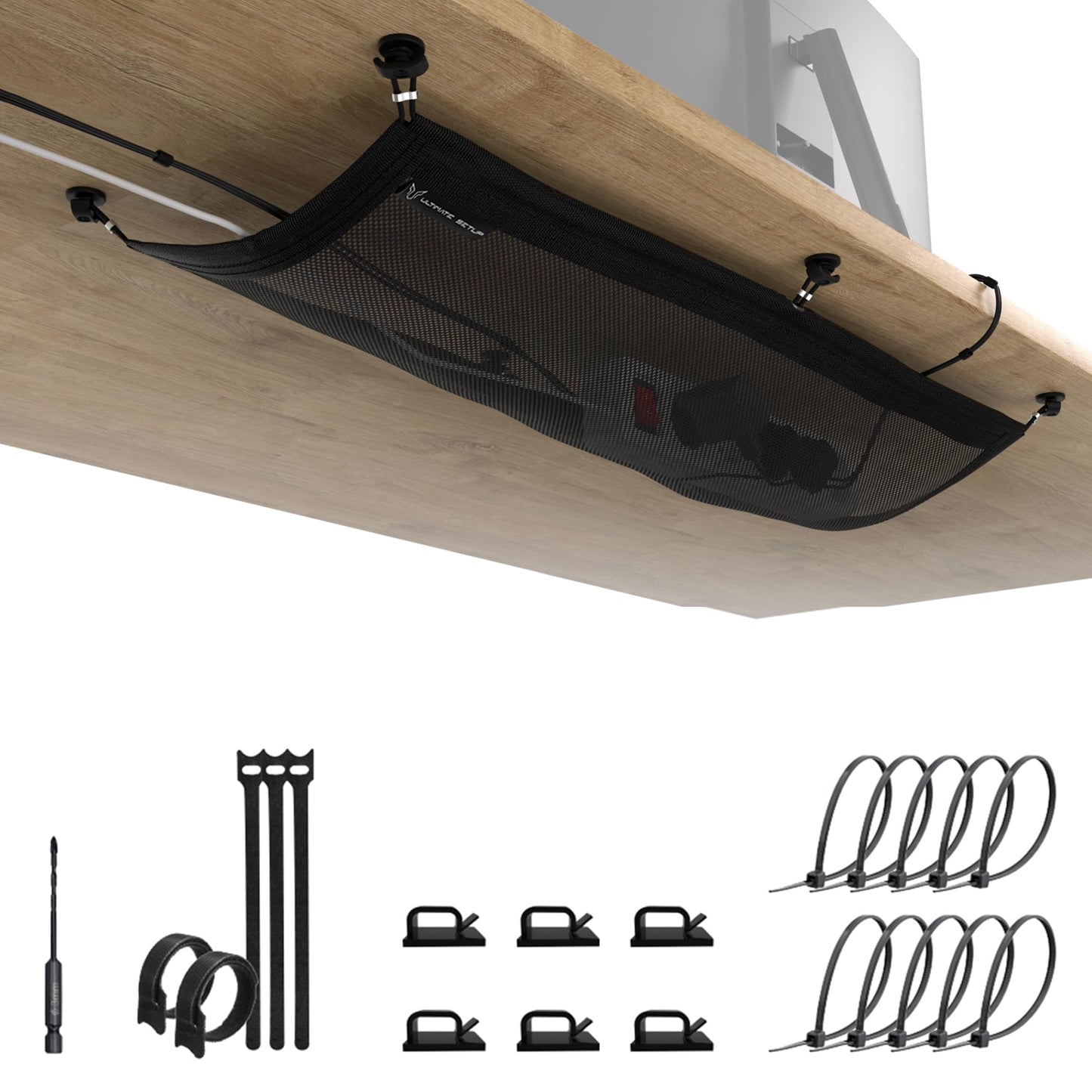 Under desk cable management net – Flexible cable tidy, 10 kg load, Black
