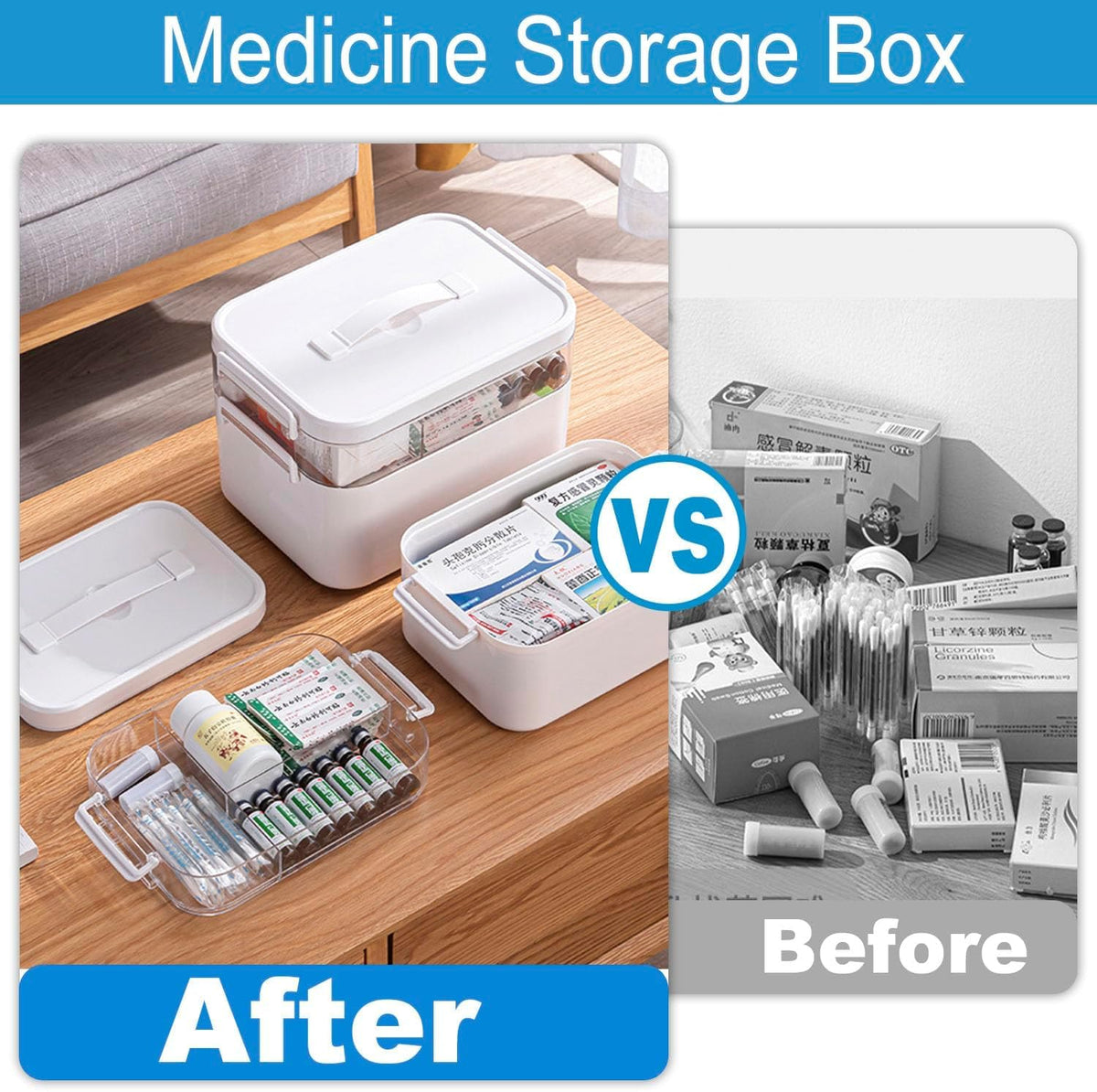 Medicine Storage Box, Double Layers Multi Grid Organiser With Lid, Portable First Aid Cabinet for Home, School, Office L