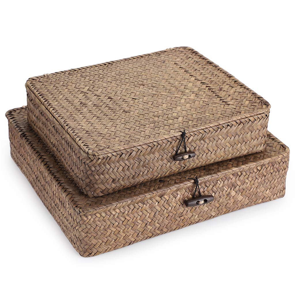 Sumnacon Set of 2 Seagrass Storage Basket Handmade Weave Hamper Wicker Box Chest with Lid & Lock Coffee